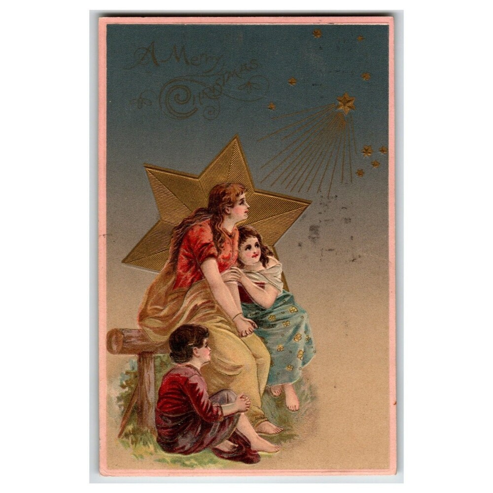 Vintage Embossed Christmas Postcard Woman Children Star 1908 Posted Germany